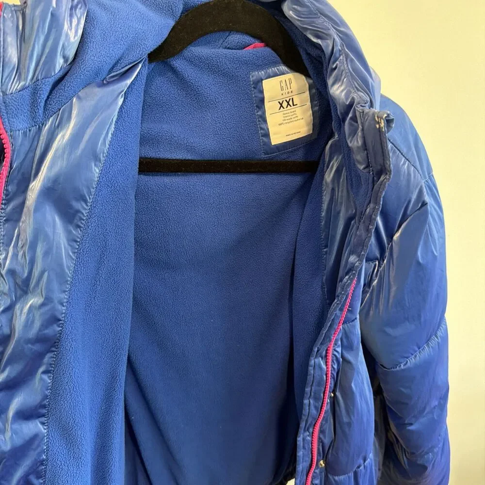 Gap Kids Hooded Puffer Jacket Shiny Blue Fleece Lined XXL